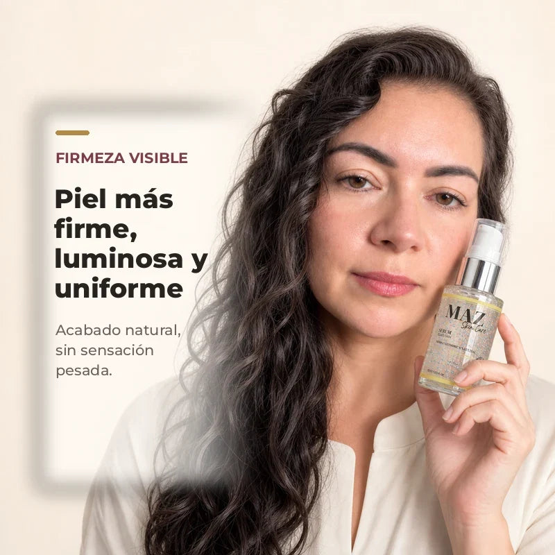Mujer con piel luminosa y natural sostiene el Serum Glass Skin de MAZ.