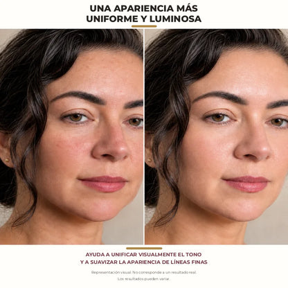 Comparativo visual de dos apariencias de piel de la misma modelo.