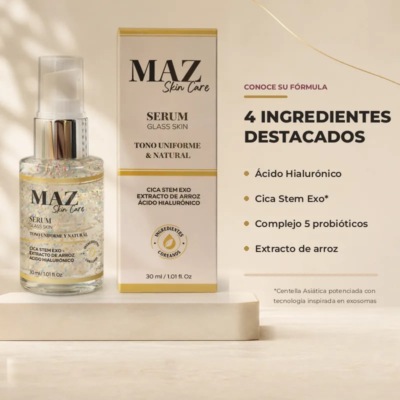 Serum Glass Skin de MAZ junto a cuatro ingredientes destacados.