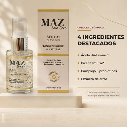 Serum Glass Skin de MAZ junto a cuatro ingredientes destacados.