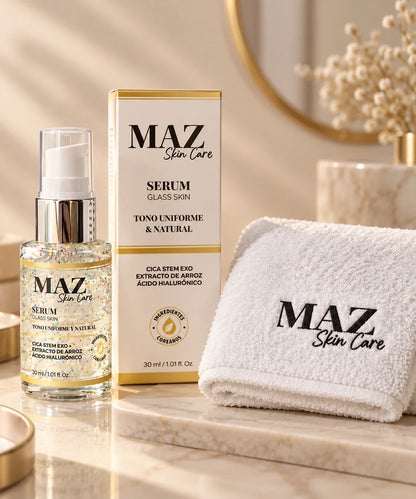 Serum Glass Skin, caja y toalla facial blanca de regalo.
